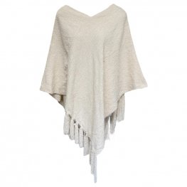 V Neck Soft Knitted Poncho With Tassel 100% Acrylic - Off White