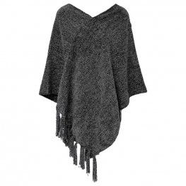 V Neck Soft Knitted Poncho With Tassel 100% Acrylic - Grey