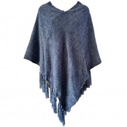 V Neck Soft Knitted Poncho With Tassel 100% Acrylic - Blue