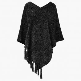 V Neck Soft Knitted Poncho With Tassel 100% Acrylic - Black